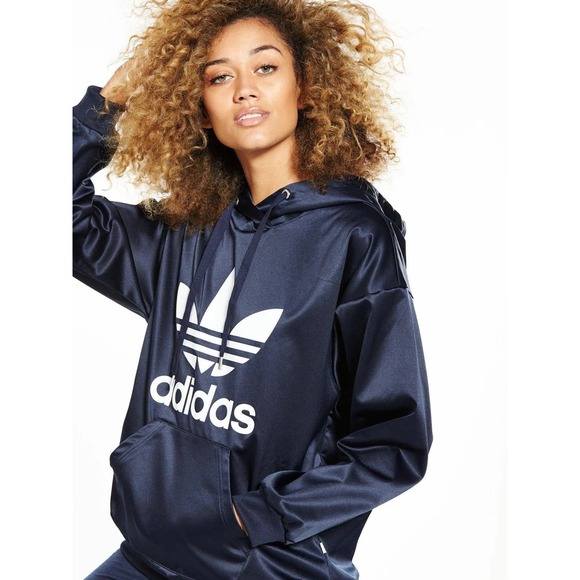 Adidas Tops - Adidas Womens Small Originals Trefoil Satin Pullover Hoodie Legend Ink/White